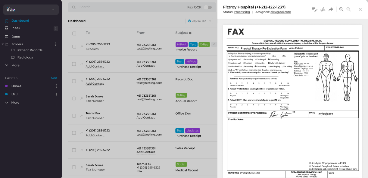 Online Fax Dashboard