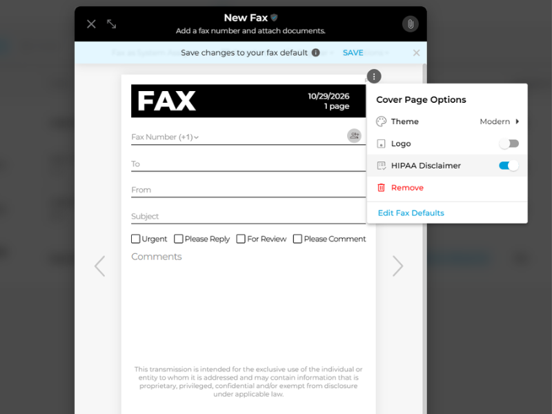 Adding a HIPAA fax disclaimer to a medical cover sheet within the iFax platform