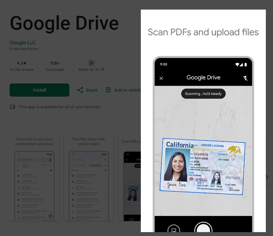 Google Drive provides a photo scanner app