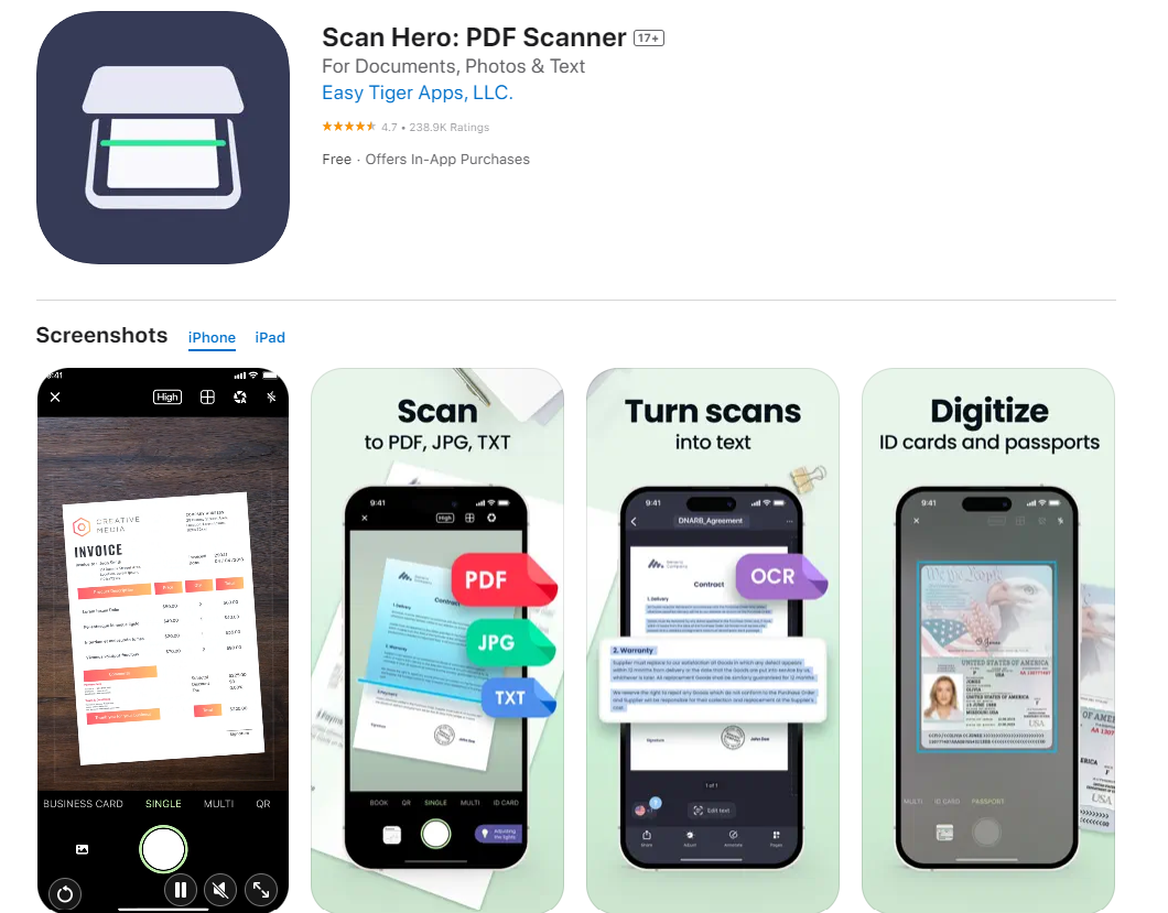Scan Hero is a great document and photo scanner app