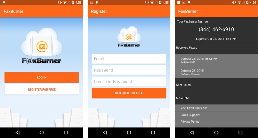UI of Fax Burner - An Online Android Fax App