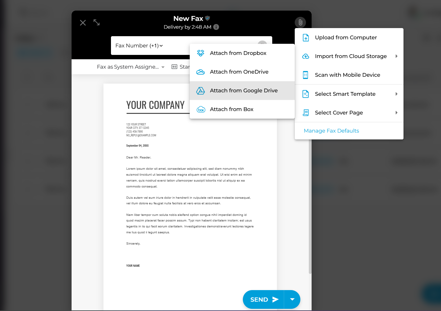 upload a new document to send as fax without a phone connection