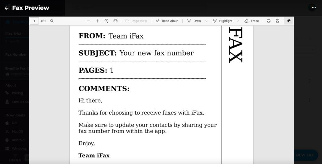 receive fax from ifax