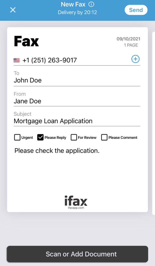 iFax fax app interface for mobile fax