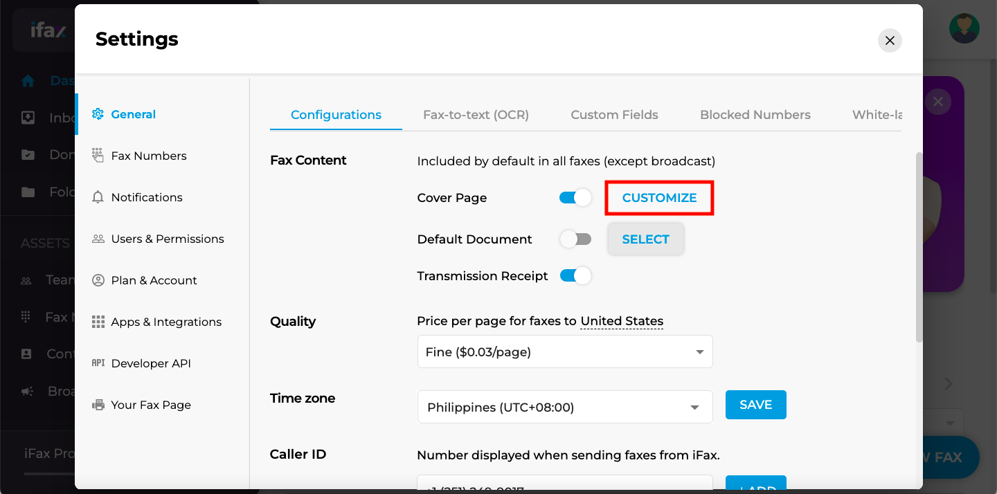 how to configure fax header on ifax