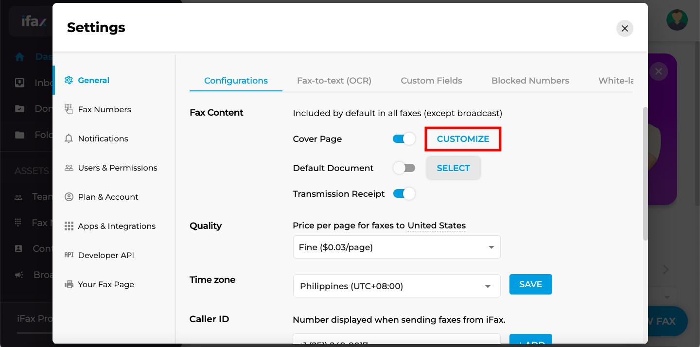 configure fax cover on ifax