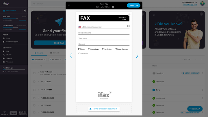 iFax Dashboard - Send New Fax