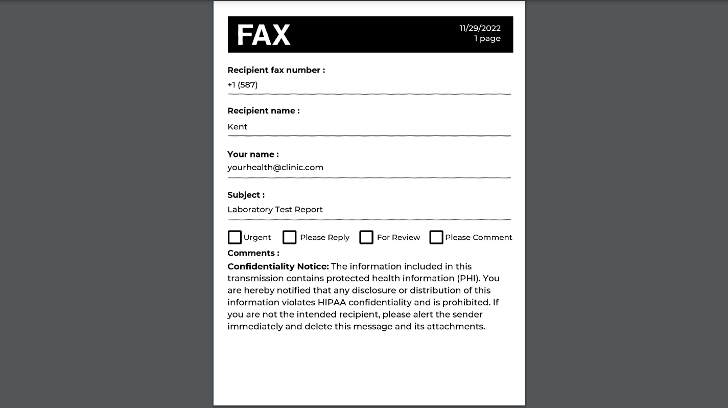 example of fax message