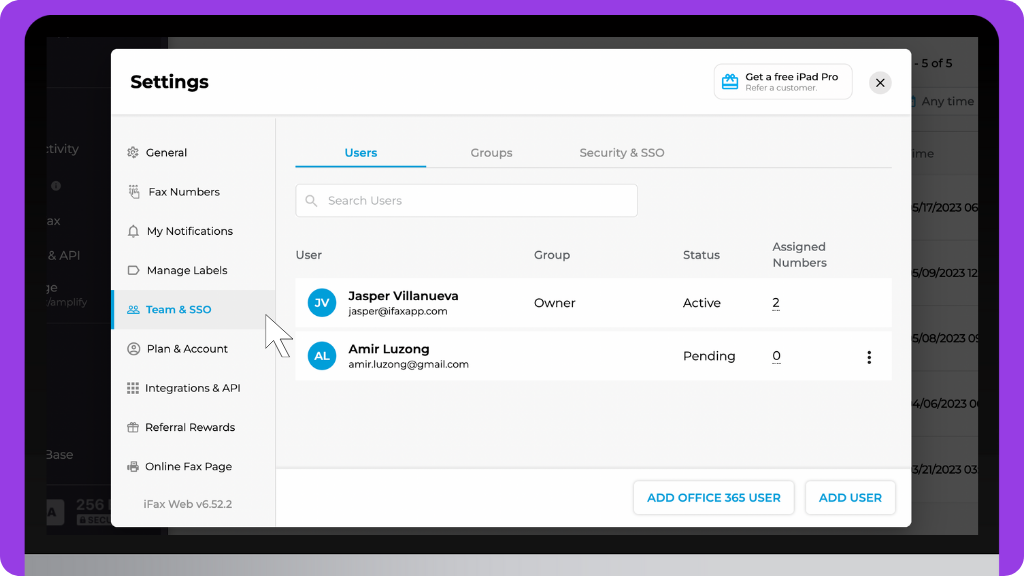 iFax Knowledge Base: Team and SSO - Settings