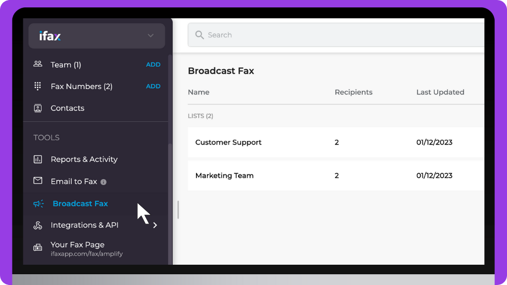 iFax Knowledge Base: Broadcast Fax - Dashboard Settings