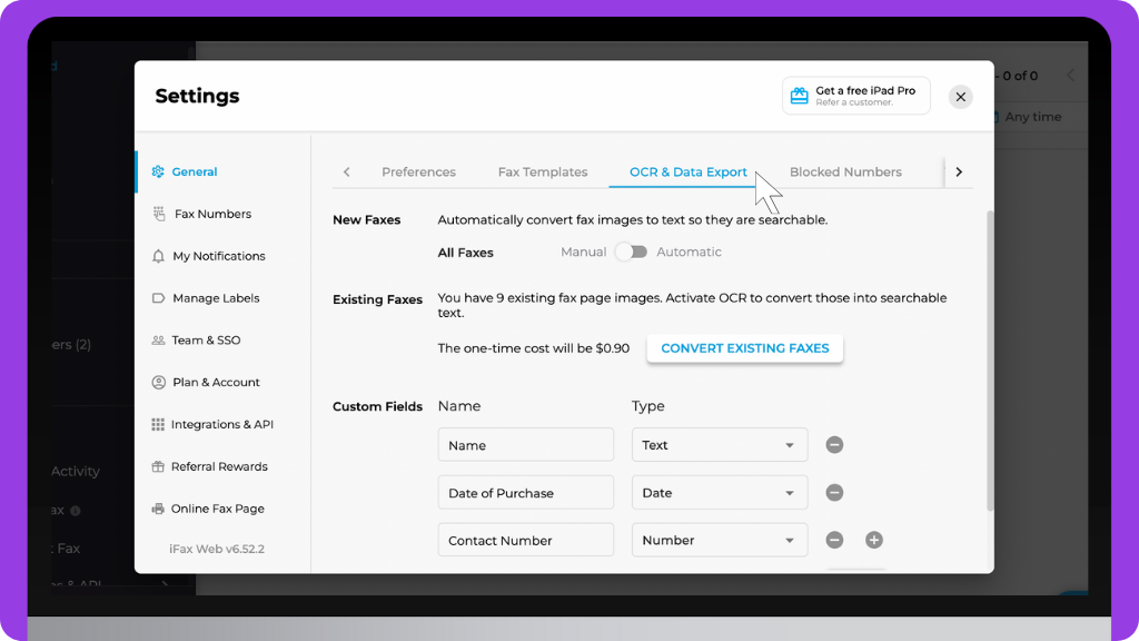 iFax Knowledge Base: OCR and Data Export - Settings