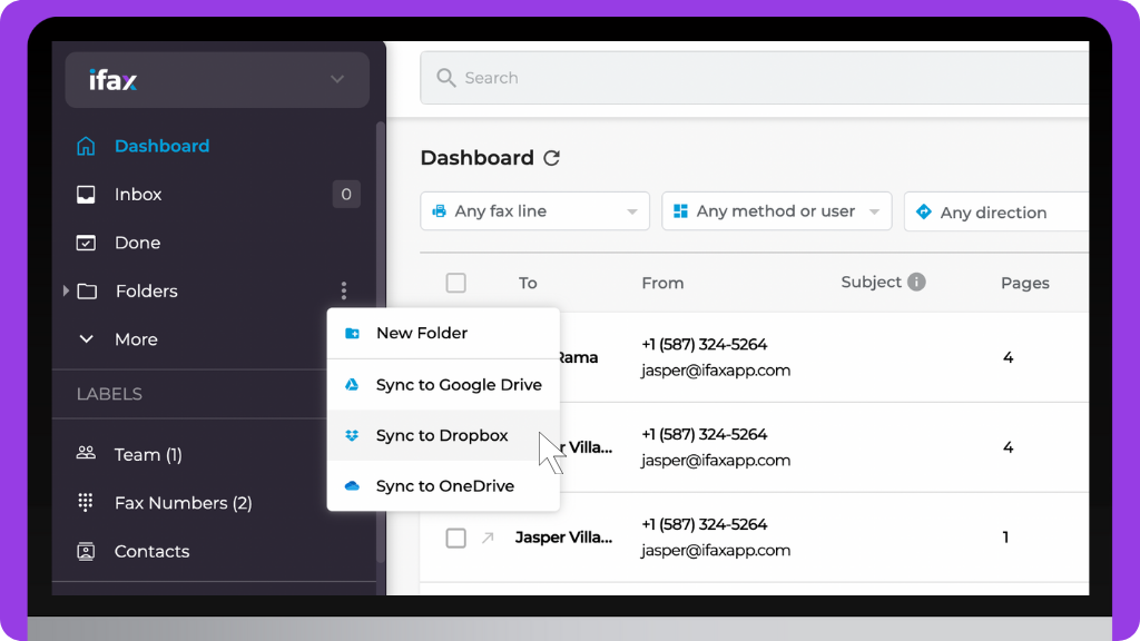 iFax Knowledge Base: Sync Folders to Dropbox - Dashboard