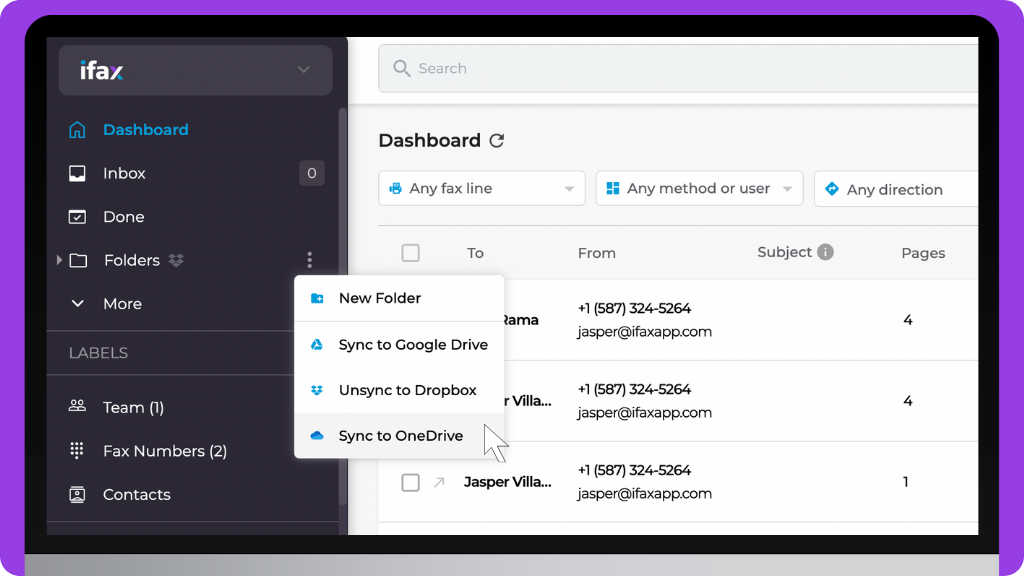 iFax Knowledge Base: Sync Your Folders to OneDrive - Dashboard Settings