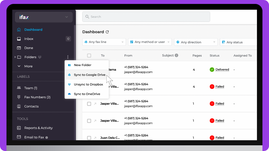 iFax Knowledge Base: Sync Your Folders to Google Drive - Dashboard Settings