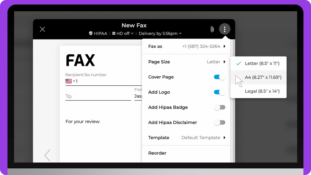 iFax Knowledge Base: set the default paper size - fax page