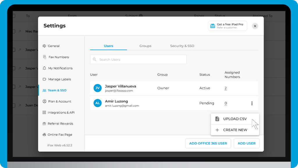 iFax Knowledge Base: Add Team Members - Team and SSO Settings