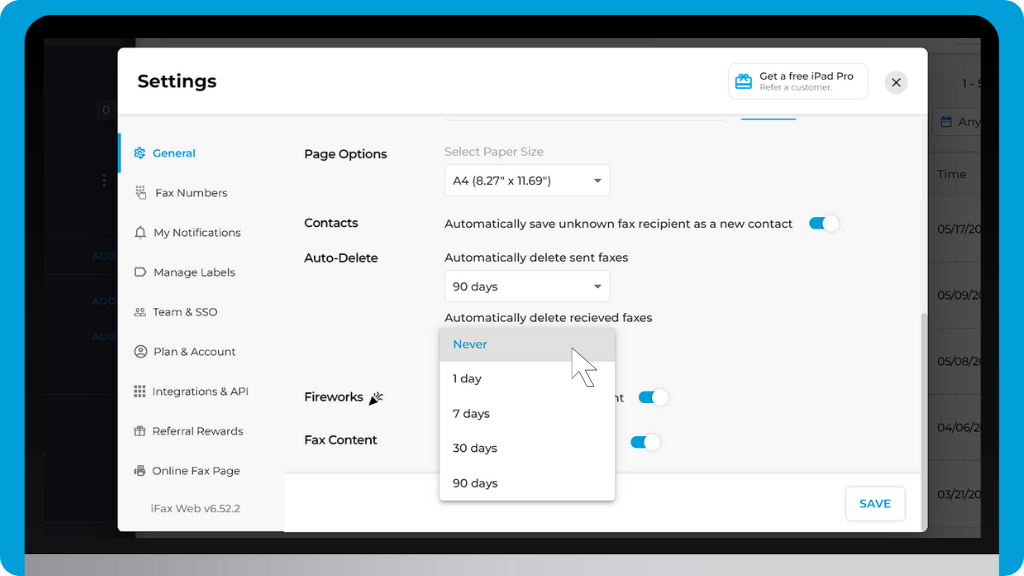 iFax Knowledge Base: set up faxes for automatic deletion - select deletion schedule