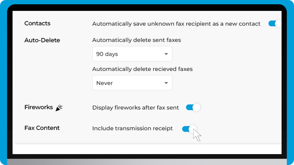 iFax Knowledge Base: transmission receipt - Toggle switch on