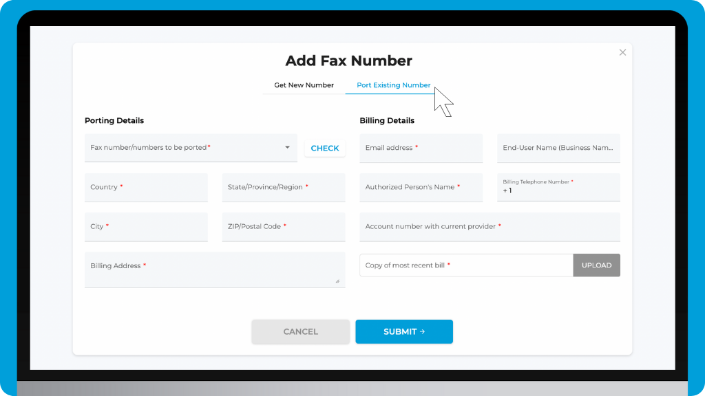 iFax Knowledge Base: Port Existing Fax Numbers - Add Details