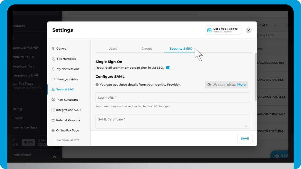 iFax Knowledge Base: Team and SSO - Configure SAML