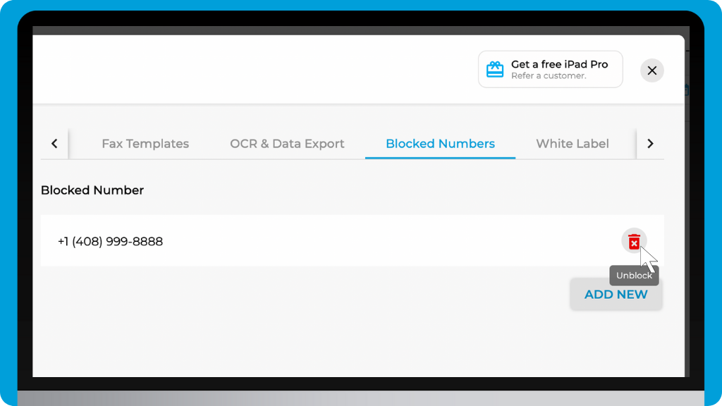 iFax Knowledge Base: Block Fax Numbers - Delete