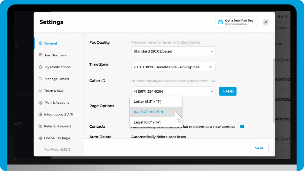 iFax Knowledge Base: set the default paper size - fax page