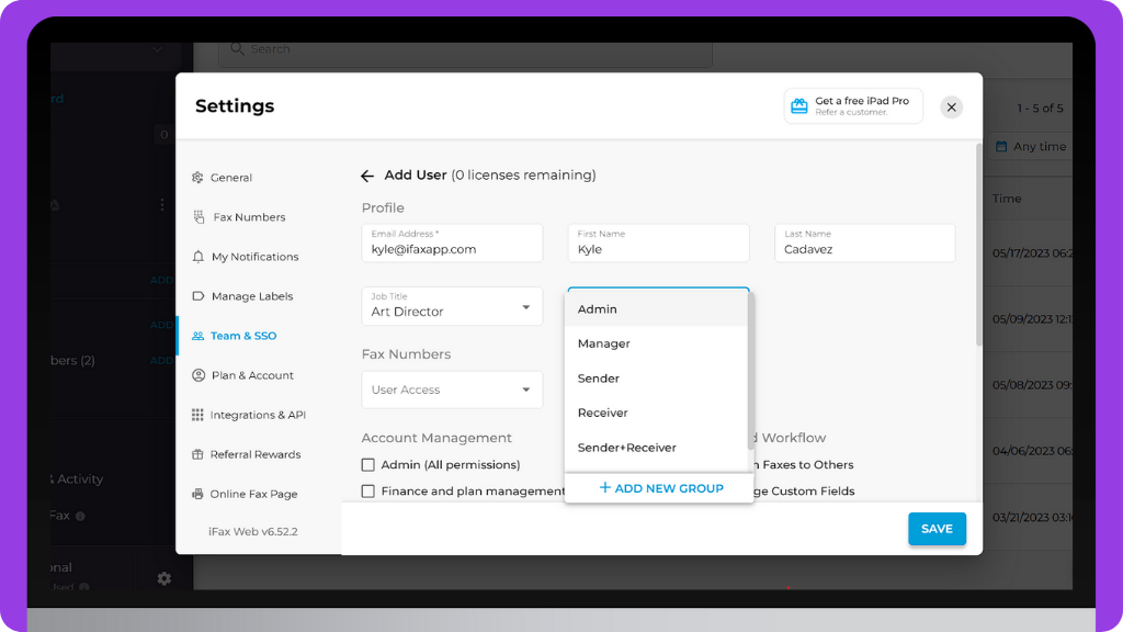 iFax Knowledge Base: Add Team Members - Add User Details