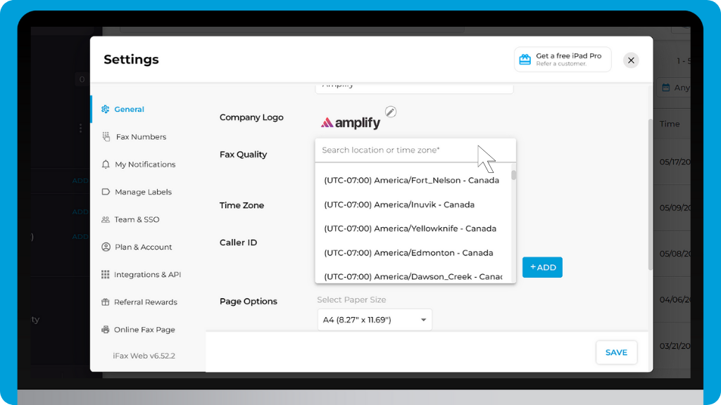 iFax Knowledge Base: Setup Your Timezone - Select Timezone