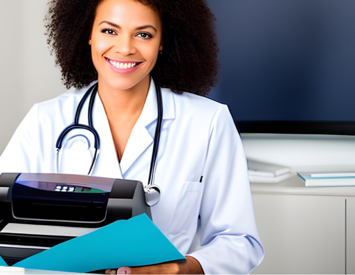 A doctor using a fax machine