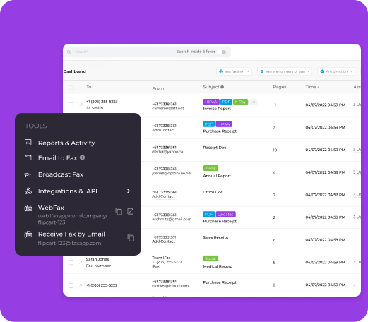 Available tools in the iFax dashboard