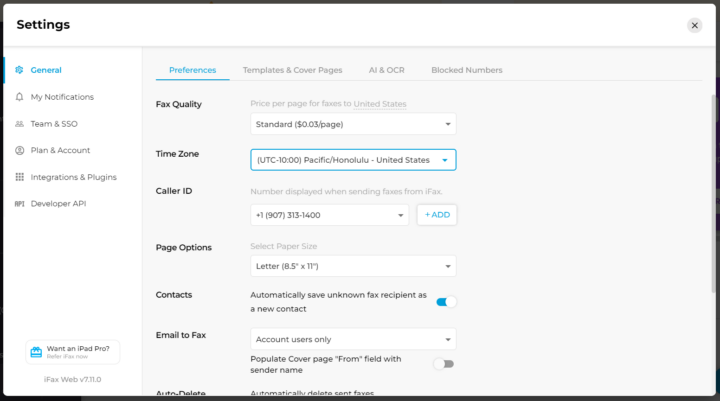 efax setup - settings options of ifax
