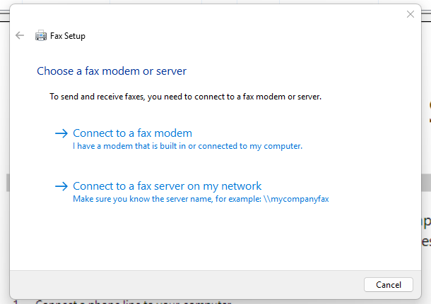 faxing from windows 11 - setting up fax modem or server