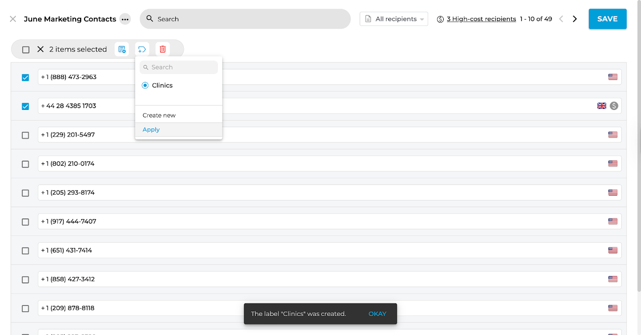 broadcast fax filters new list creation