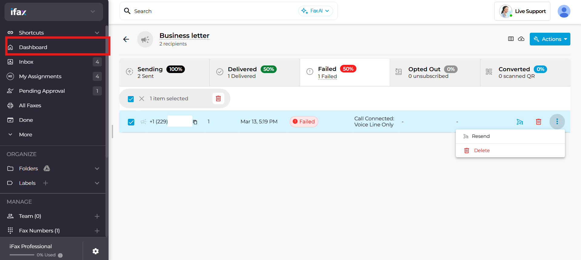 Monitor your campaign status on the fax dashboard