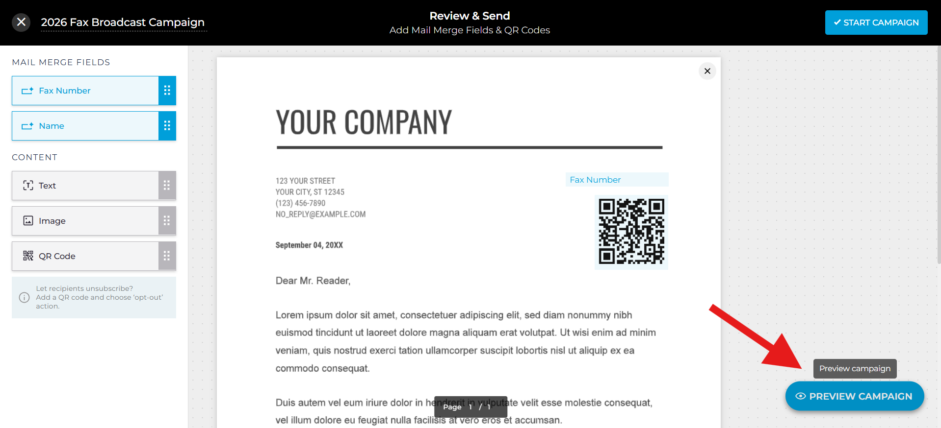 Preview fax campaign