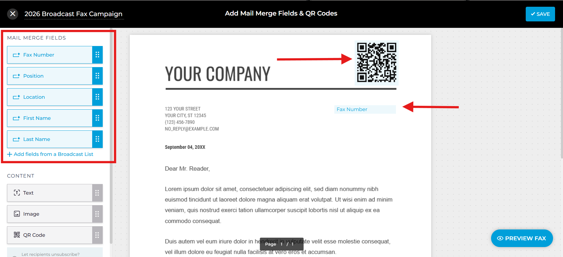 Step 3 - Broadcast fax personalization using mail merge fields