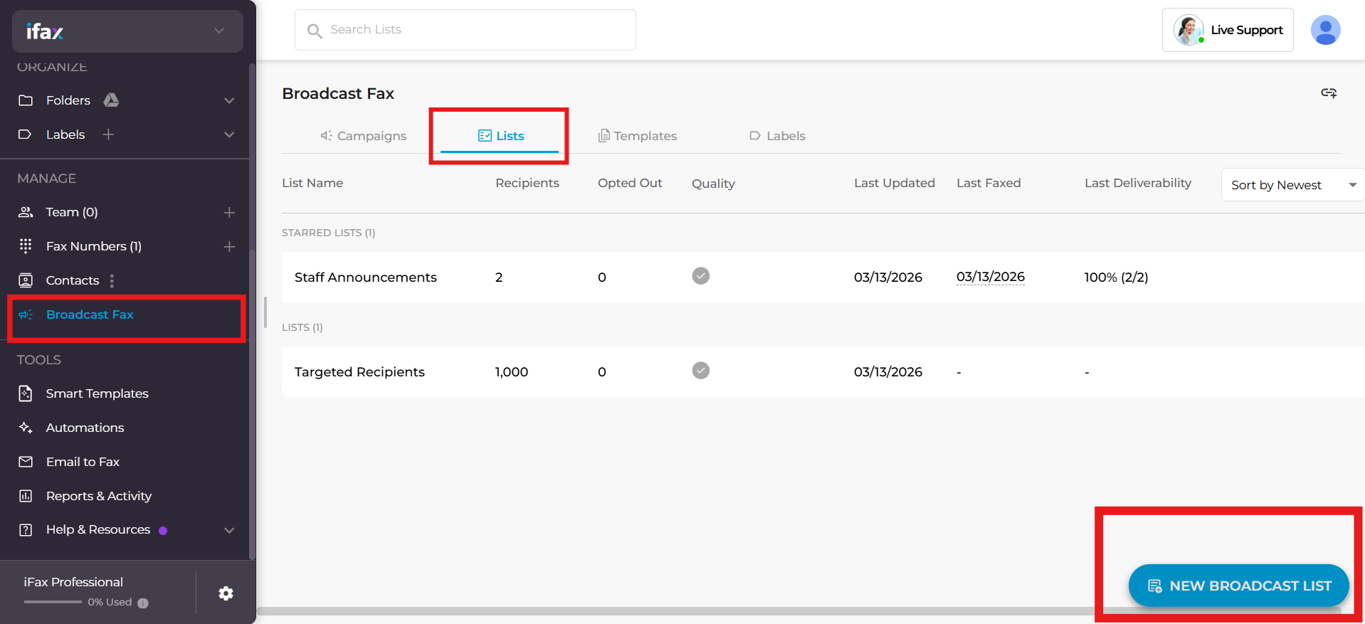 creating or uploading a fax broadcast list