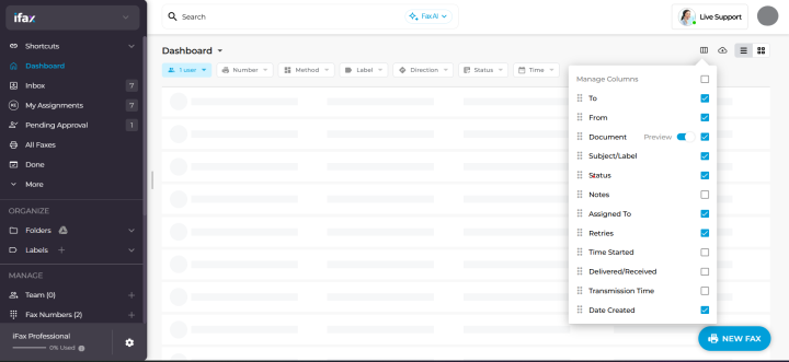 Manage Columns in Fax Dashboard