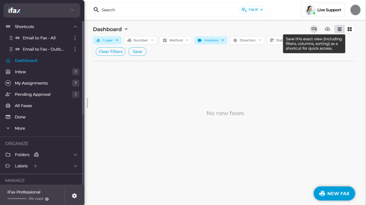 Save custom dashboard views as shortcuts in iFax