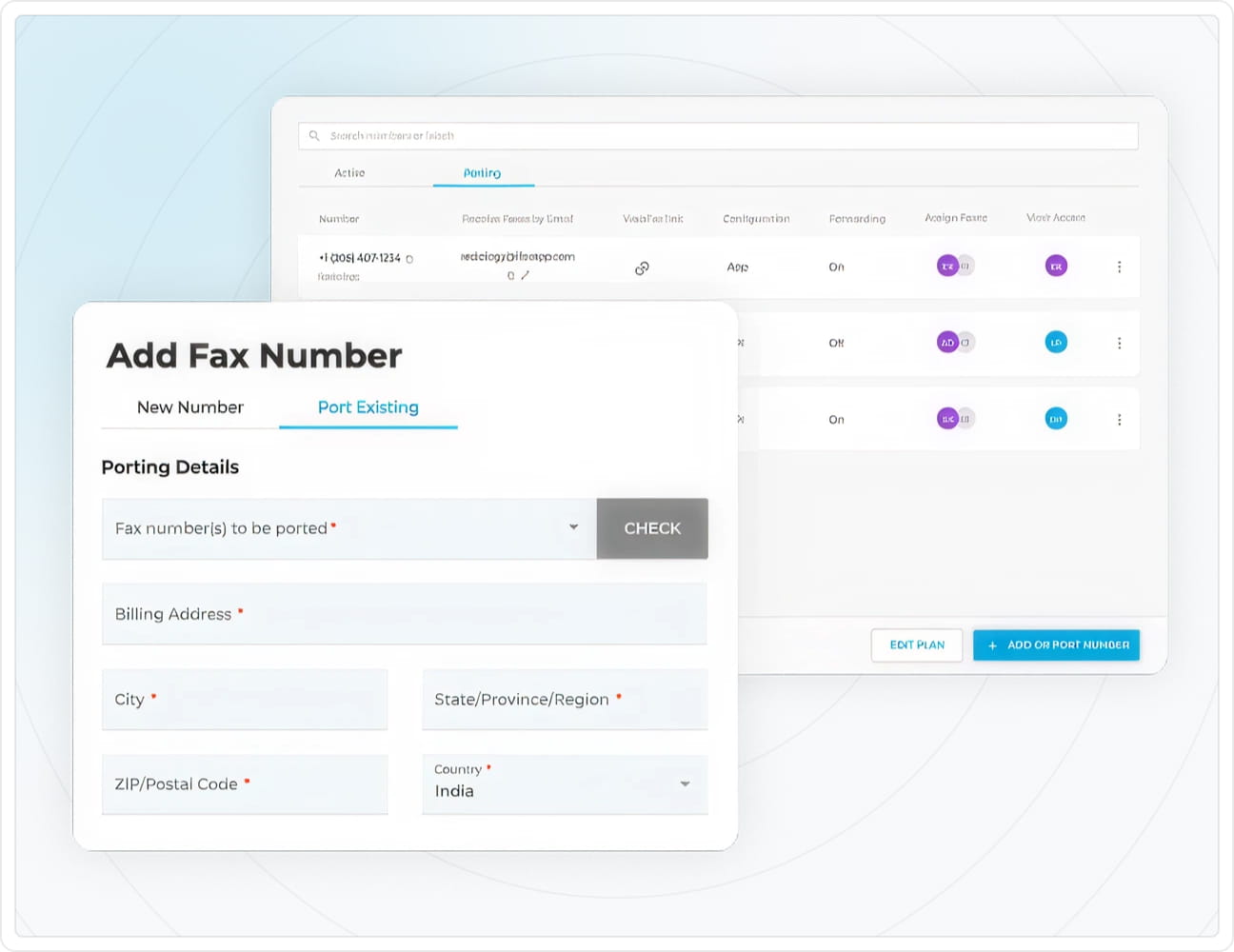 Screenshot depicting ifax number porting