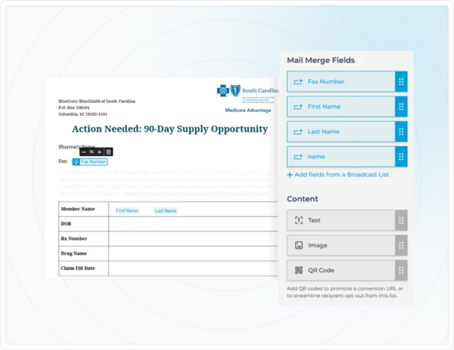Screenshot showing an iFax mail merge template