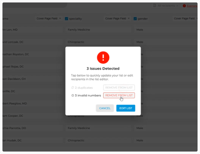 Screenshot showing iFax validating fax numbers prior to sending