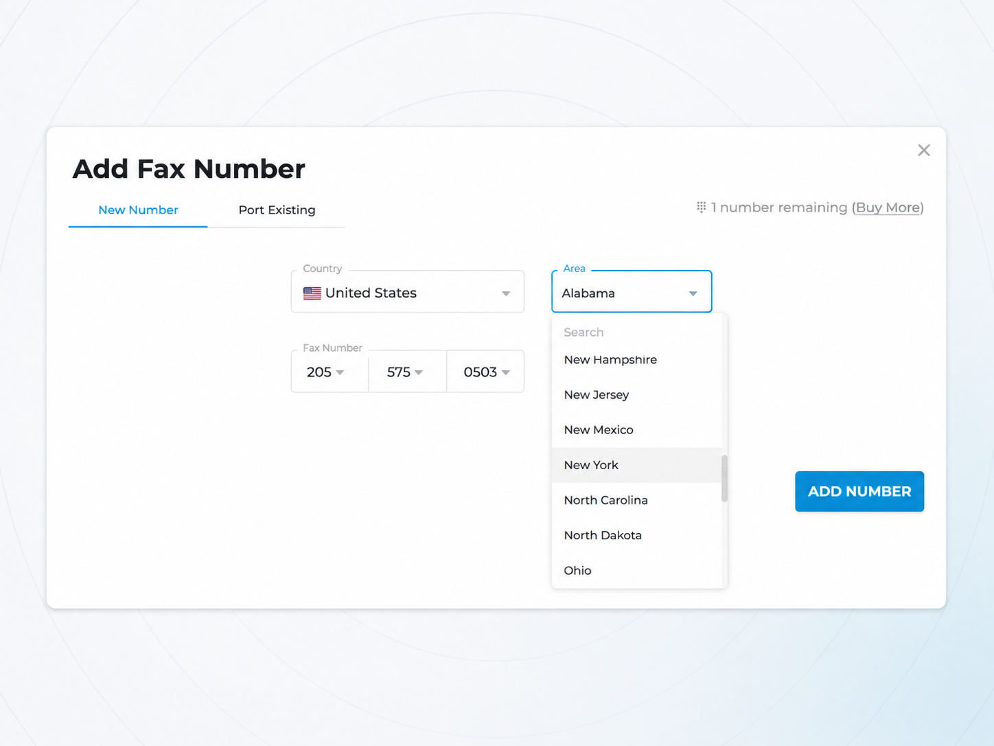 select an online-based fax number with country code area zip